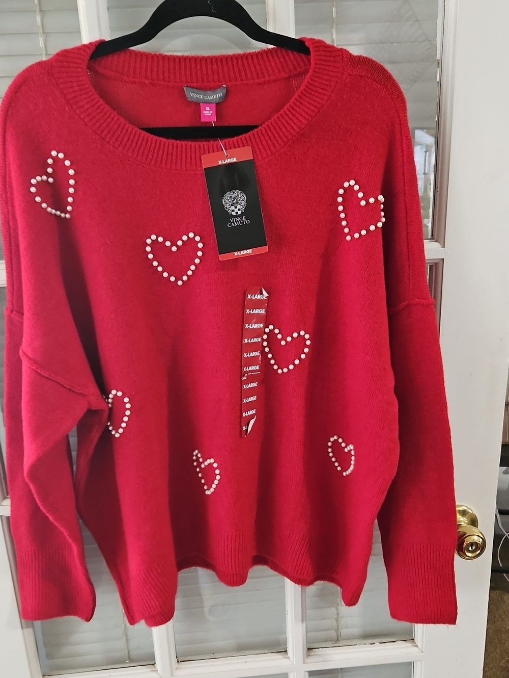 NWT Vince Camuto Red Heart Rhinestone Crewneck Sweater. Size XL, Oversized